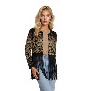 Berek Women Size Medium Leopard Metallic Leather Fringe Cardigan Sweater Vintage